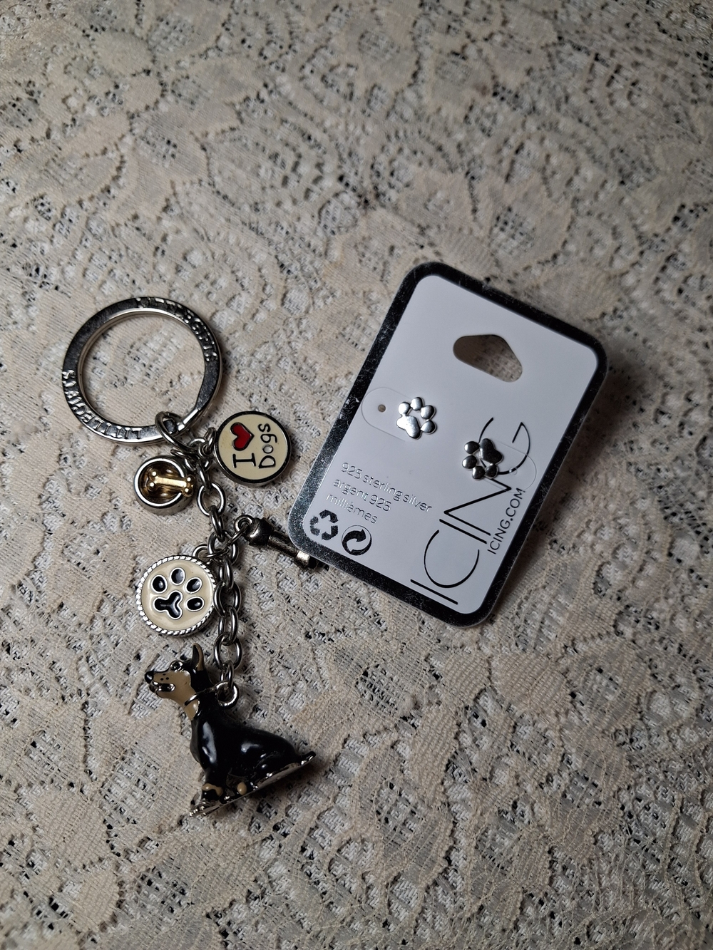 Keychain, I Love Dogs, Black Dog, Dog Bone Charms And NWT Paw Print Earring